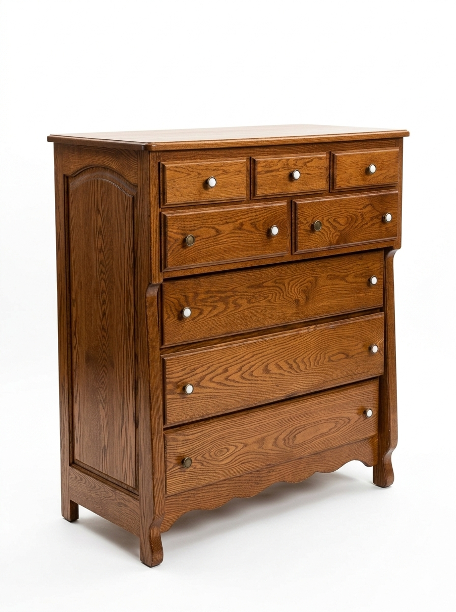 Oak chest of drawers with decorative arch side panels  - front three-quarter view