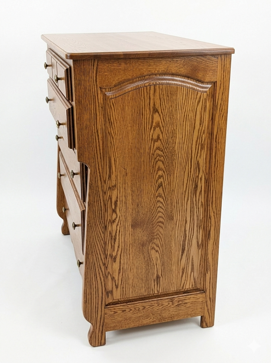 Oak chest of drawers  - side profile showing arch panel and dovetail construction