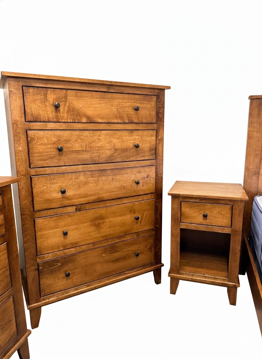 Five-drawer chest and single-drawer nightstand  - clean studio shot on white background