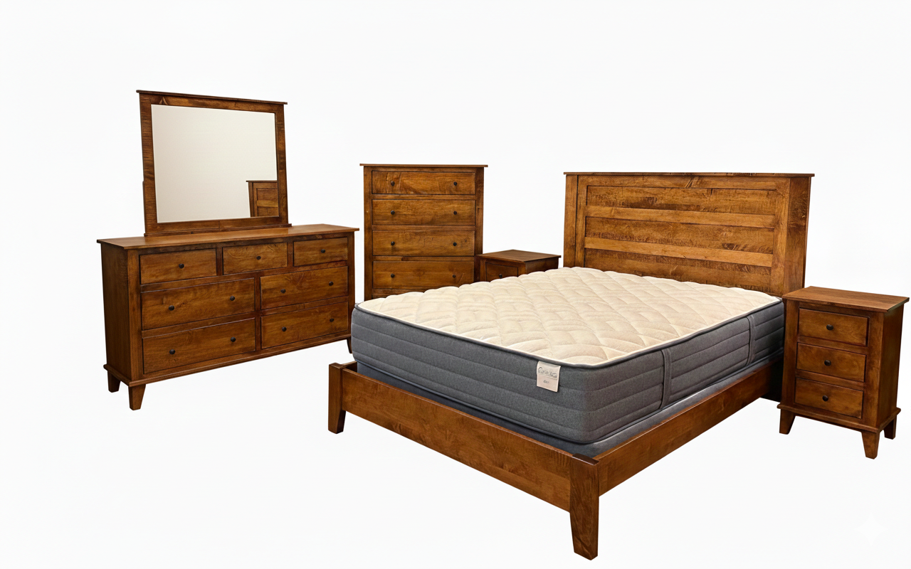 Complete custom bedroom furniture collection  - bed frame, dresser with mirror, tall chest, and nightstands