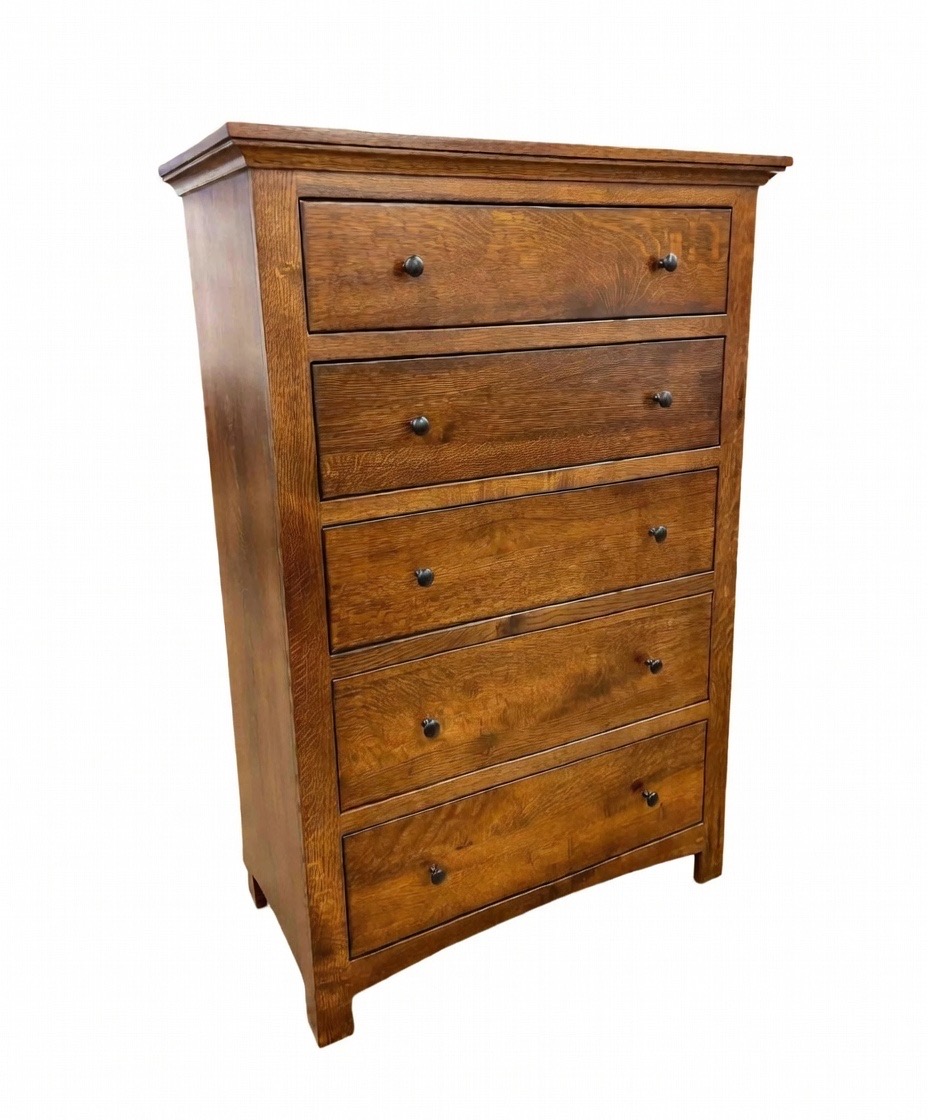 Quarter-sawn oak five-drawer chest with dark iron hardware