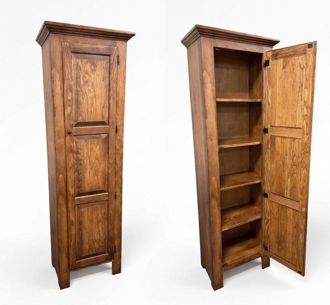 Tall storage cabinet shown closed and open  - handcrafted with interior shelving