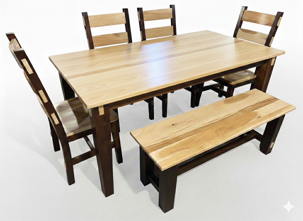 Custom two-tone dining table with bench and ladder-back chairs